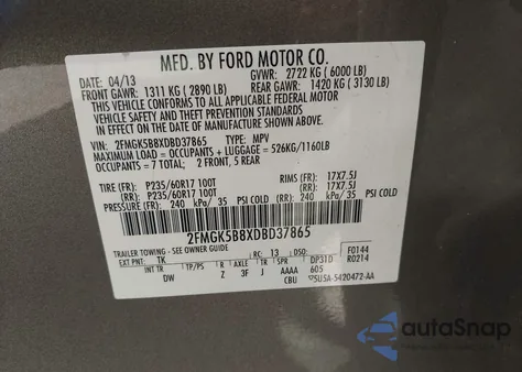 2013 Ford Flex Se из США, поврежденный, VIN 2FMGK5B8XDBD37865